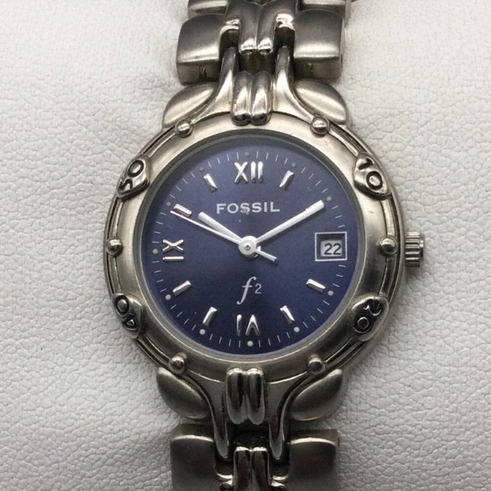 Vintage Fossil ES8070 Womens Watch 25mm Blue Dial Date New Battery 6.25
